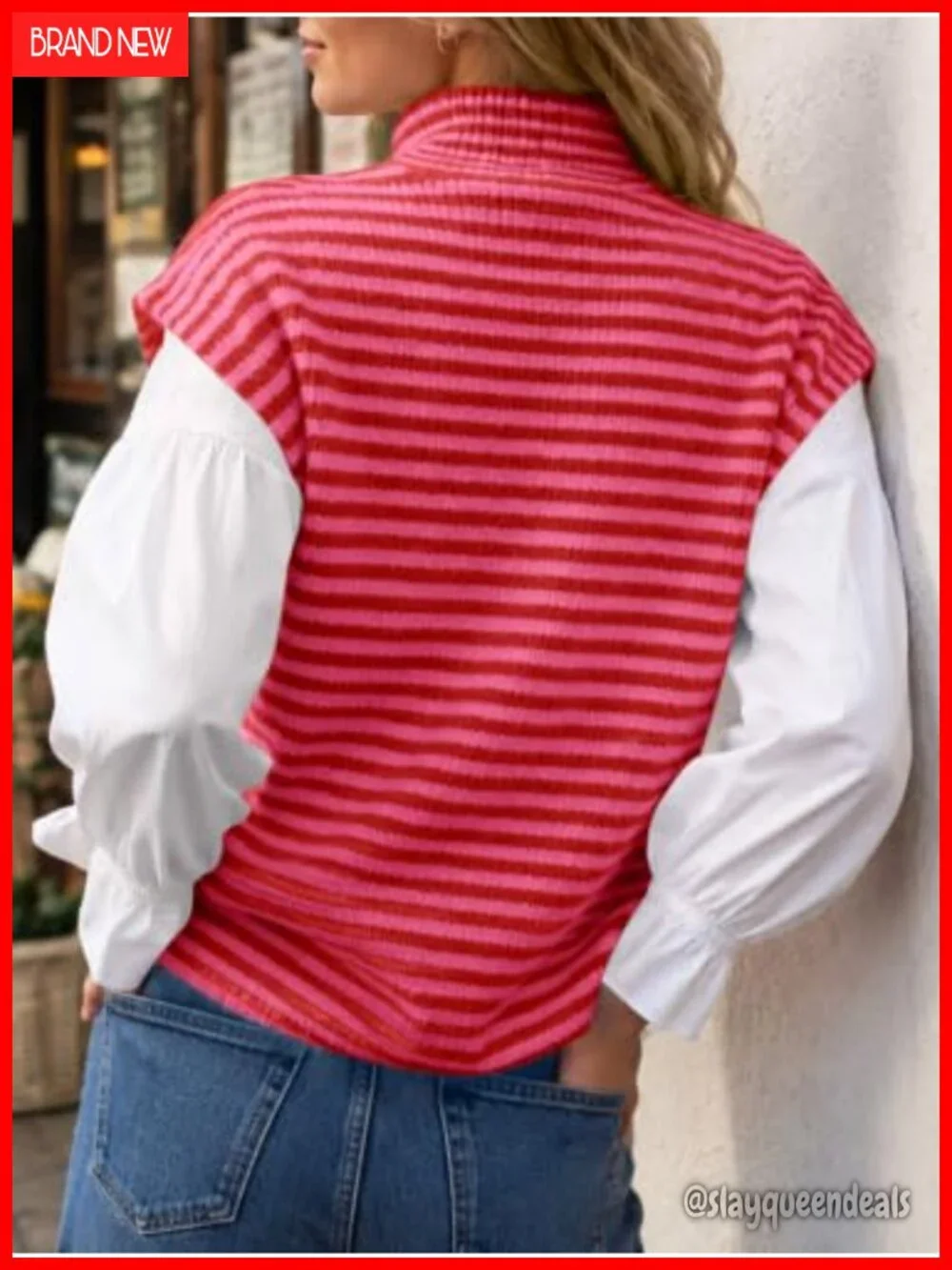 Women's Striped Zip Up Cardigan Sweater Mock Neck Cap Sleeve Knit Vest